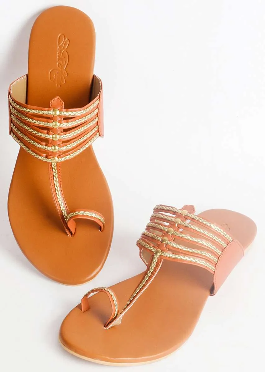 Beige Kolhapuri With Gold Braiding And Gold Rivets By Sole House
