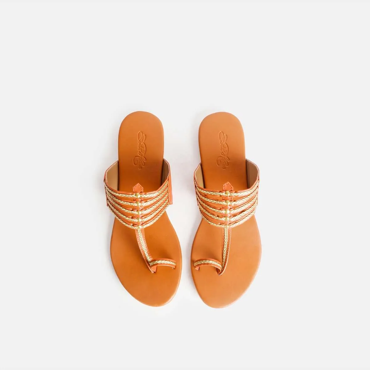 Beige Kolhapuri With Gold Braiding And Gold Rivets By Sole House