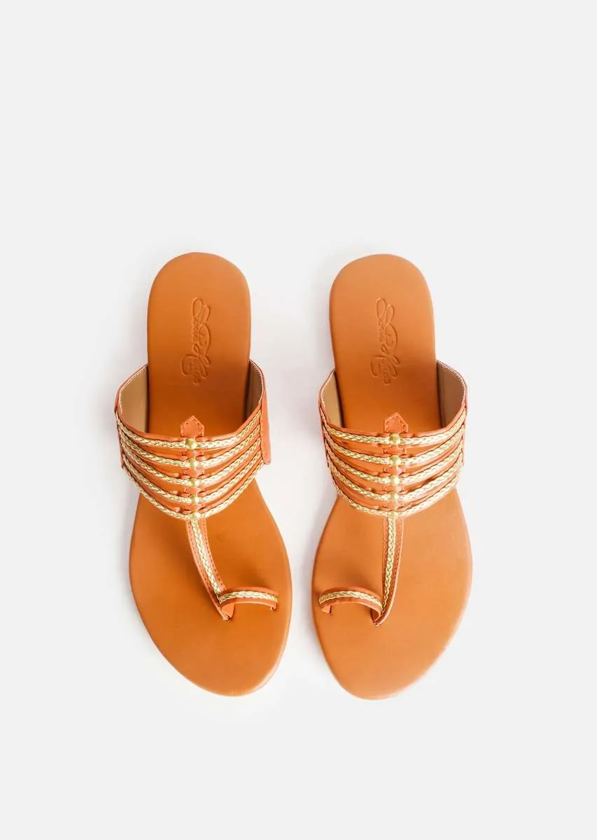 Beige Kolhapuri With Gold Braiding And Gold Rivets By Sole House