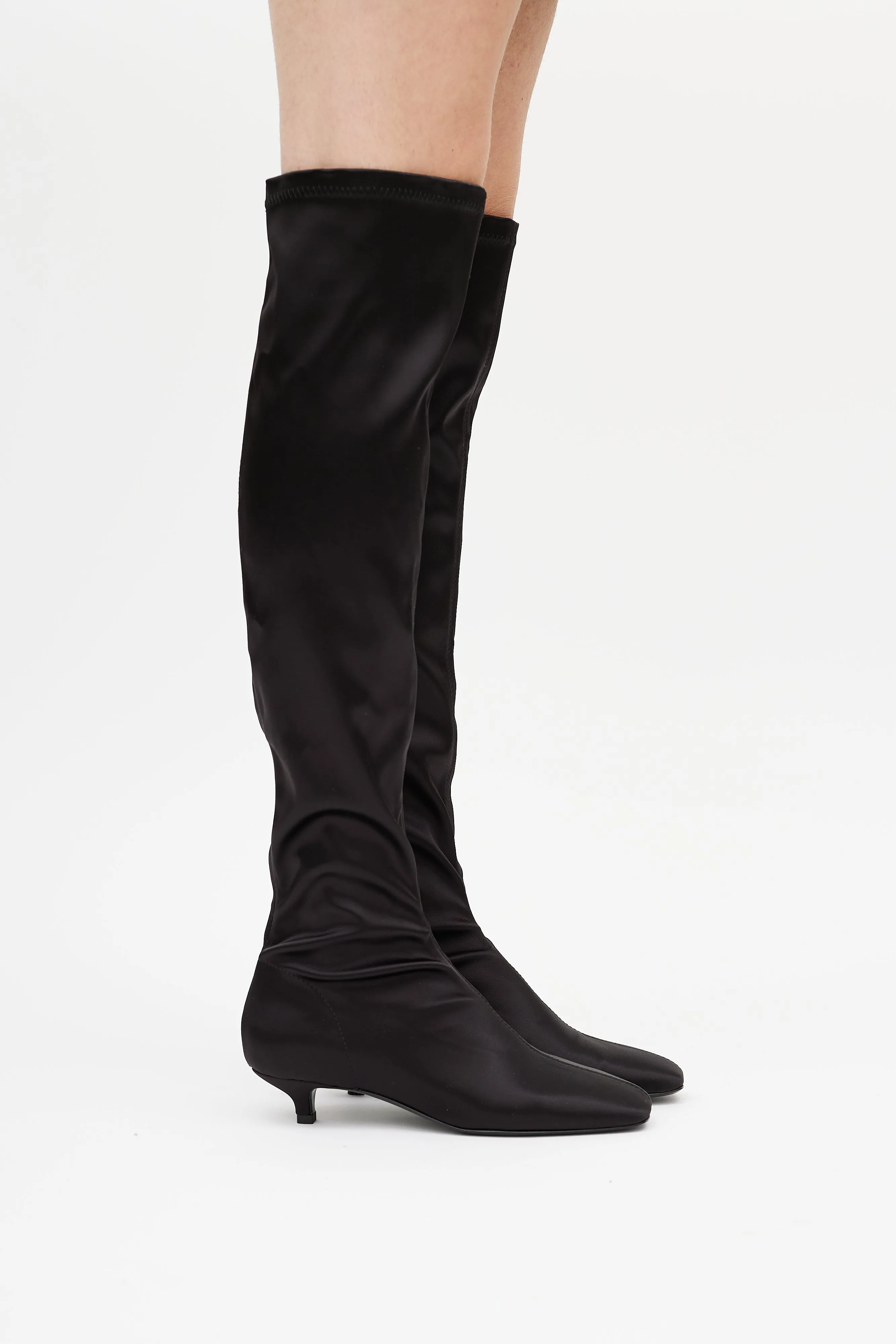 Black Satin Knee High Boot