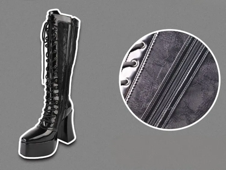 Gothic Black Front Lace-up Ties Lace Platform High Block Heel Knee-high Boots