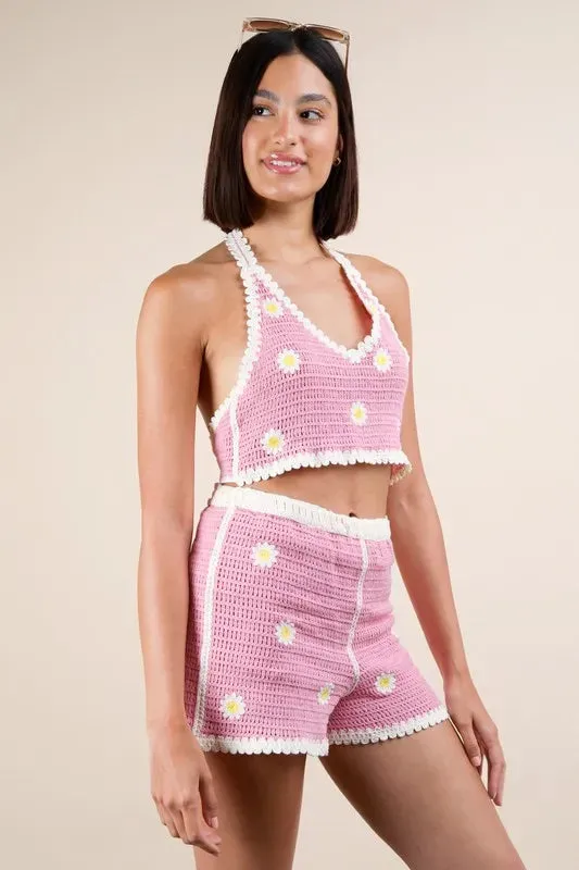 Pink Daisy Floral Crochet Top and Shorts Set