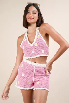 Pink Daisy Floral Crochet Top and Shorts Set