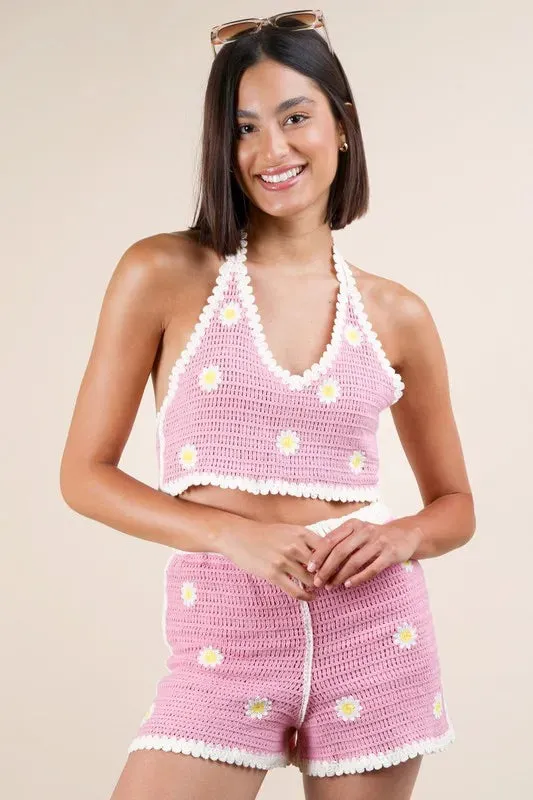 Pink Daisy Floral Crochet Top and Shorts Set