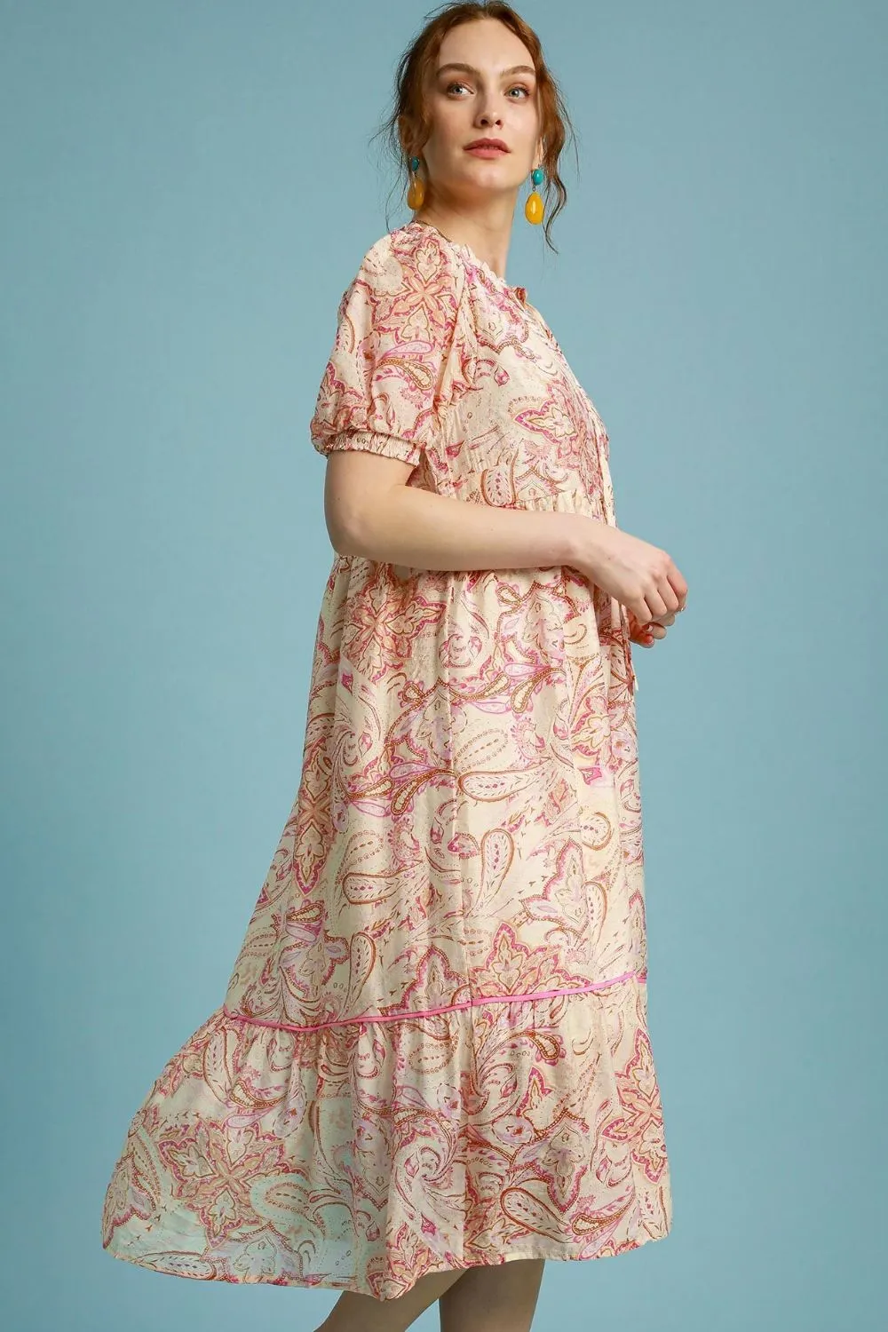 Pink Paisley Puff Sleeve Tie-Front Midi Dress