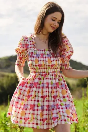 Red Gingham Fruit Print Smocked Mini Dress – Playful Puff Sleeve Style