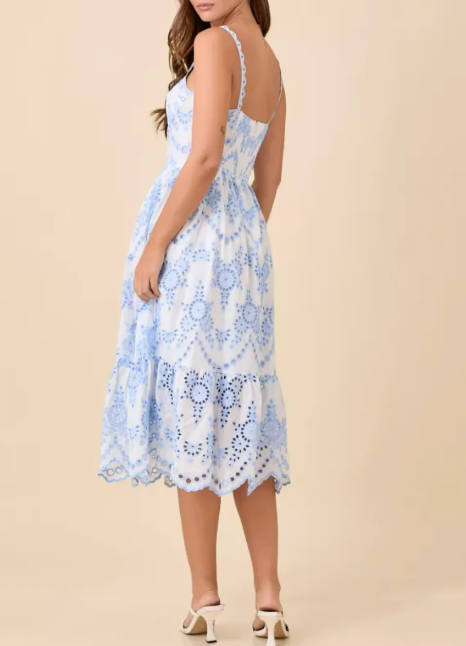 Strap Midi Dress With Contrasting Eyelet Fabric Detail And Scallop Hem