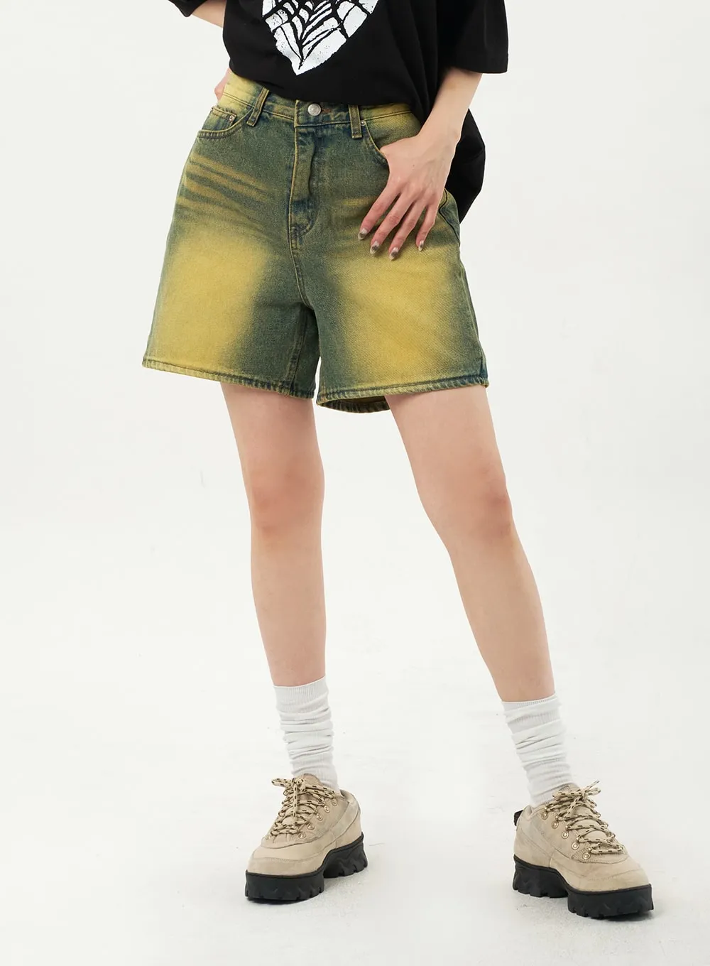 Yellow Wash Denim Shorts CA328